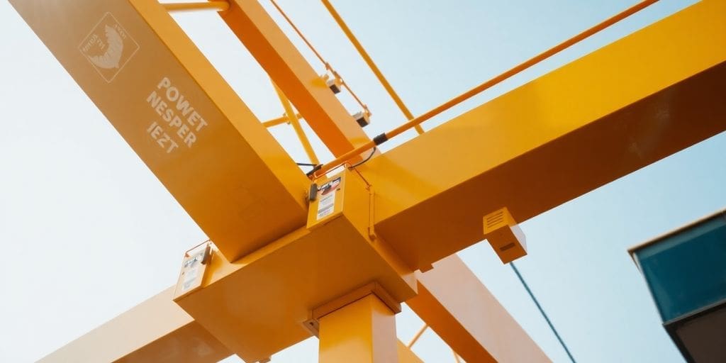 yellow crane boom against blue sky