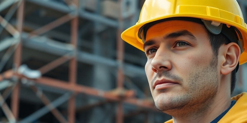 construction worker in yellow hard hat at building site