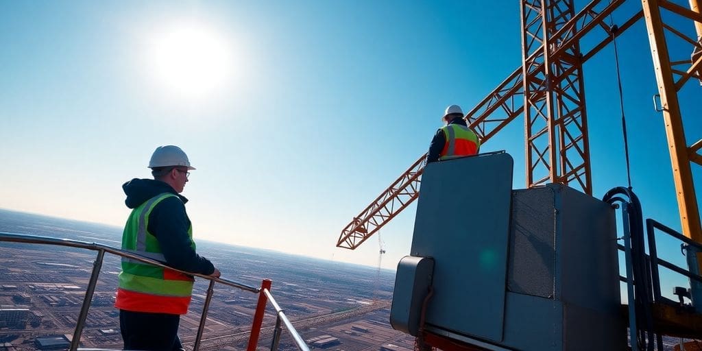 Two workers in safety gear on crane platform above city