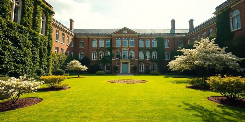 historic brick building with ivy and blooming trees in courtyard