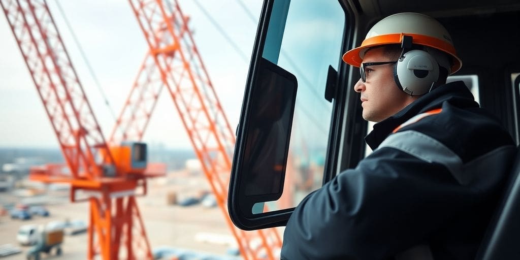 crane operator in cab wearing helmet and headphones