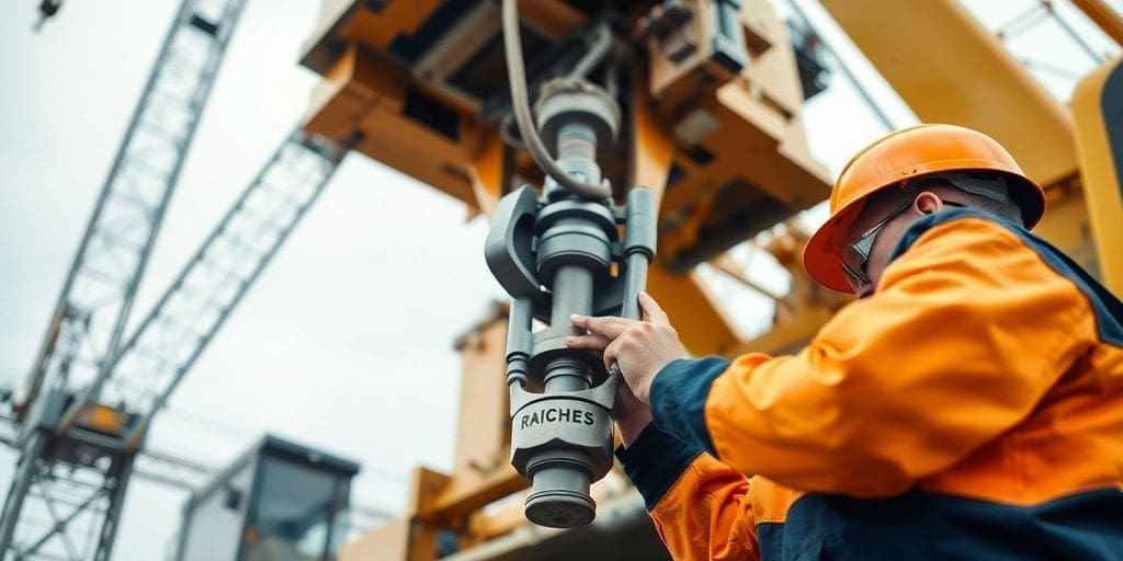 mechanic in orange uniform inspecting crane component