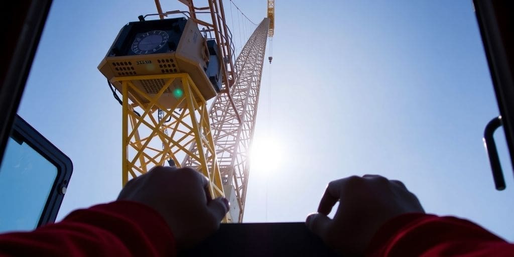 View from crane cab of yellow tower crane against blue sky