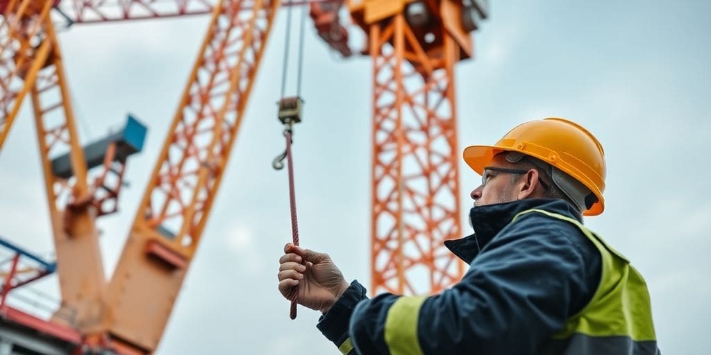 construction worker in hard hat inspecting crane rigging
