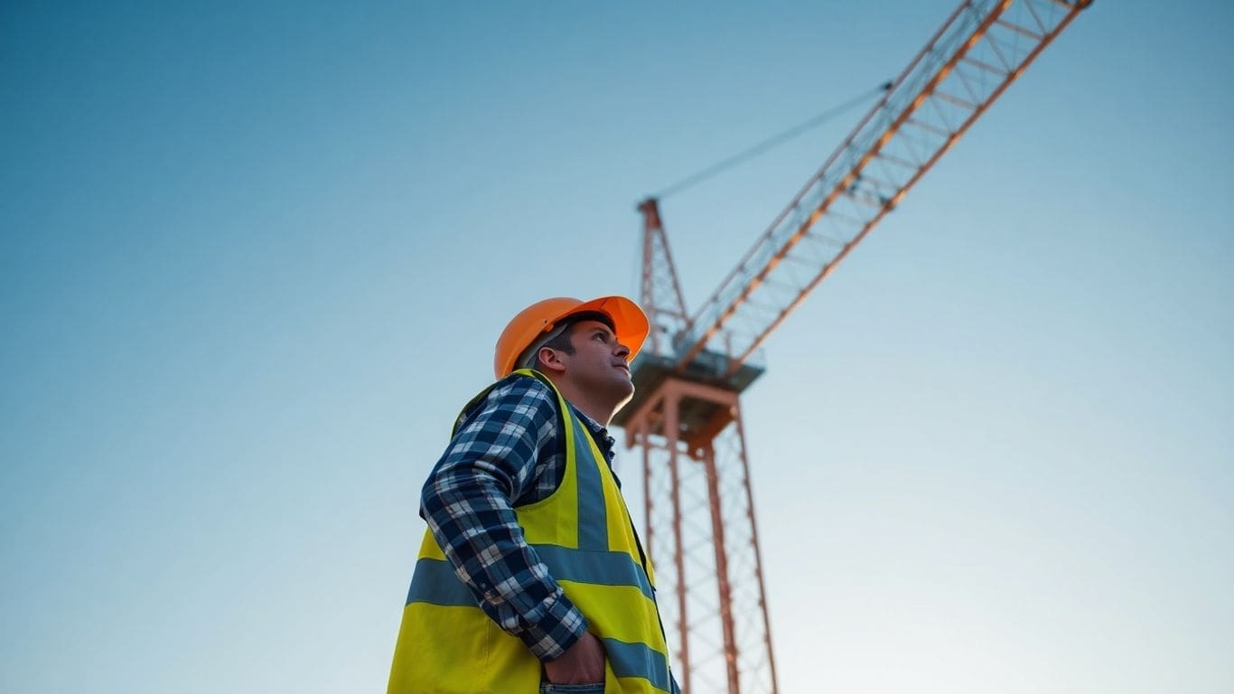 construction worker in hard hat near crane at sunset