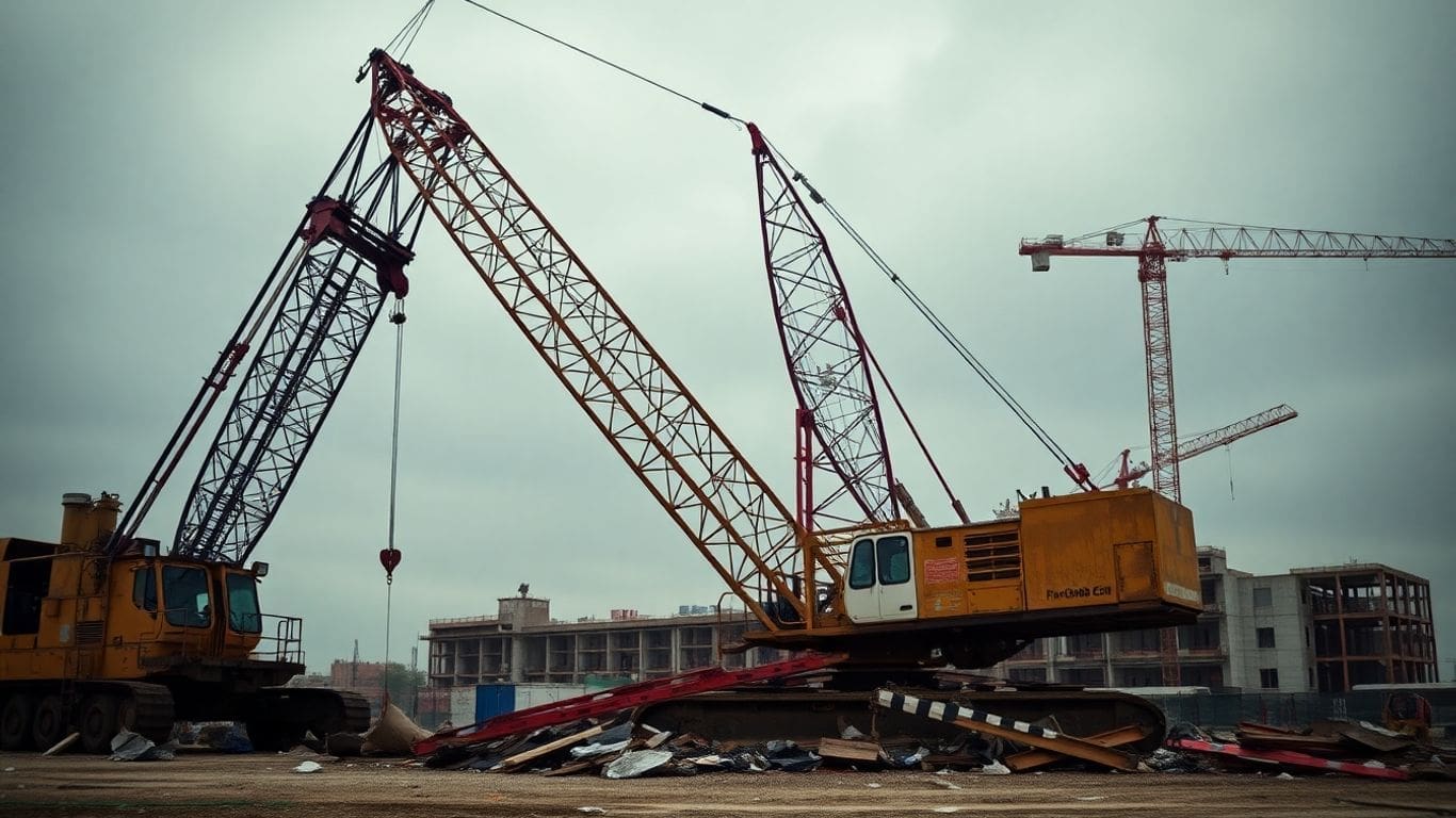 damaged crane collapsed at construction site