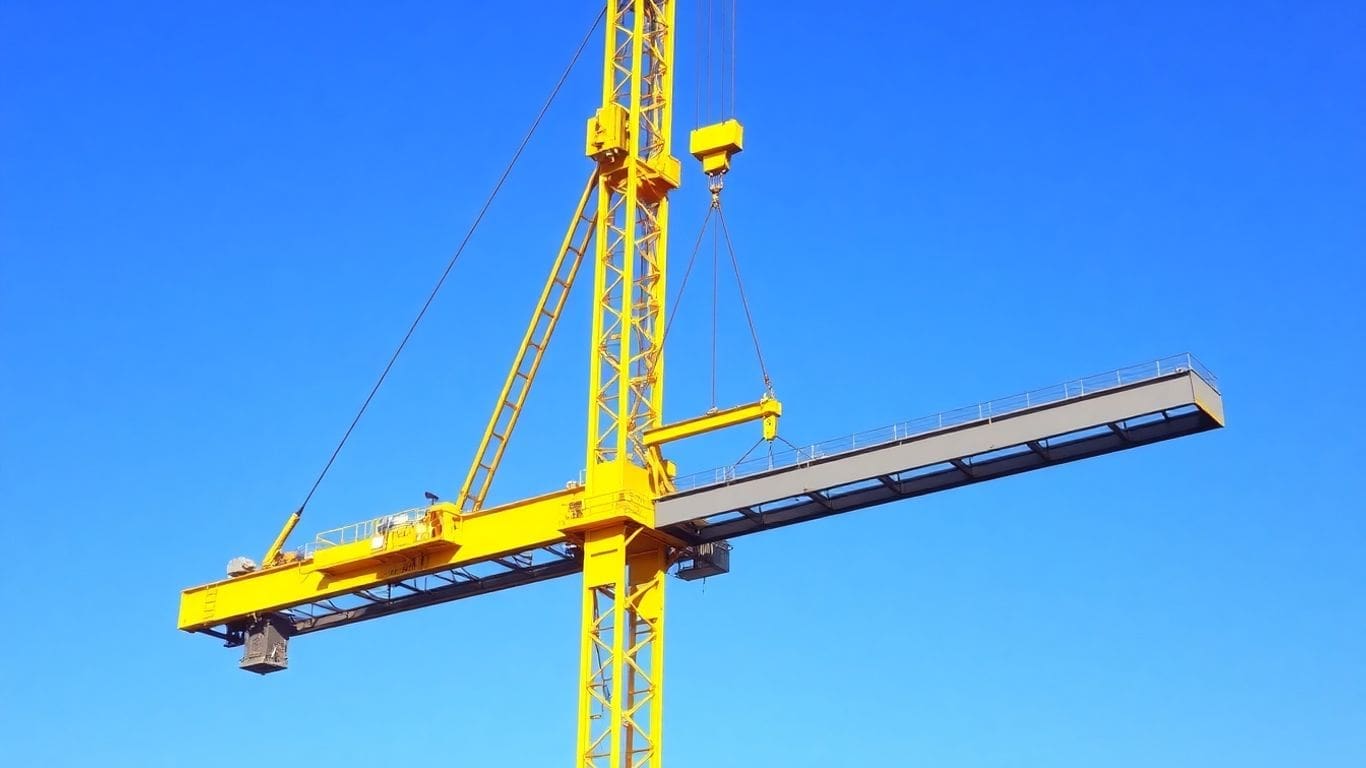 Yellow construction crane lifting steel beam against blue sky