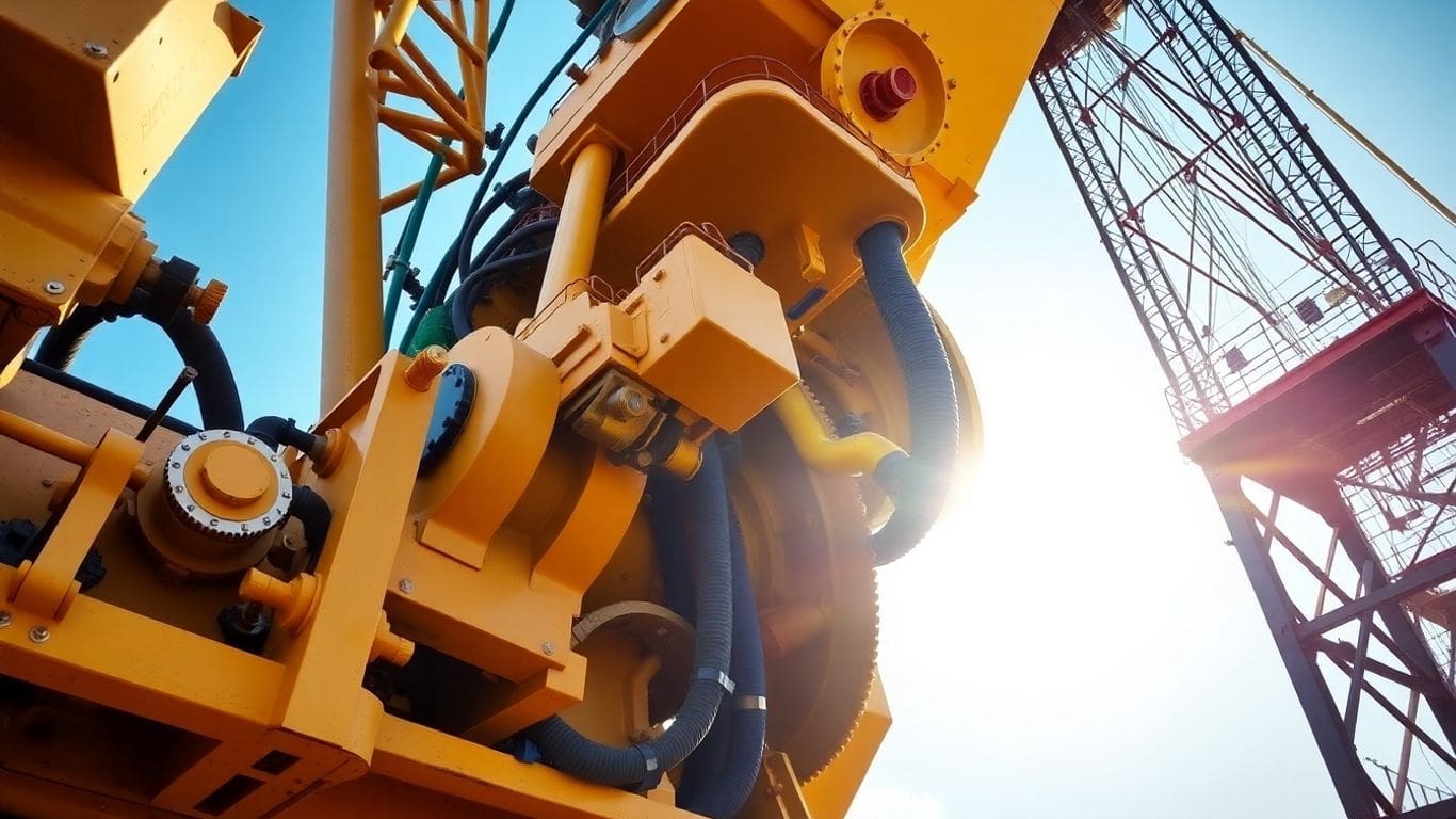 Close-up of yellow crane machinery with gears and hoses