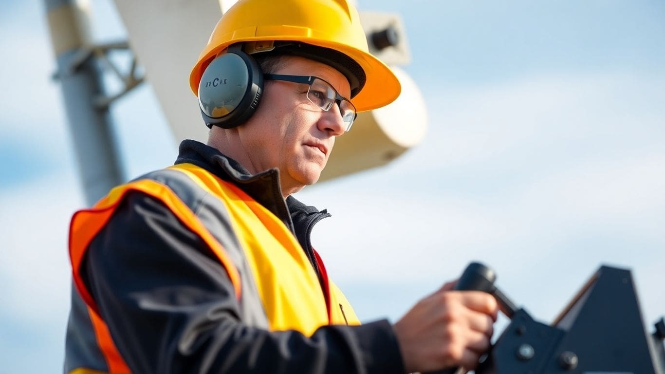 construction worker in hard hat operating machinery