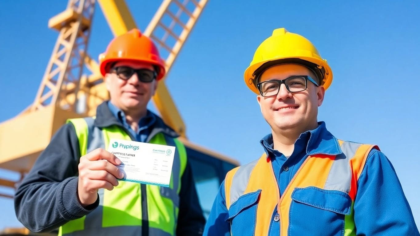 Two construction workers with hard hats holding certificate