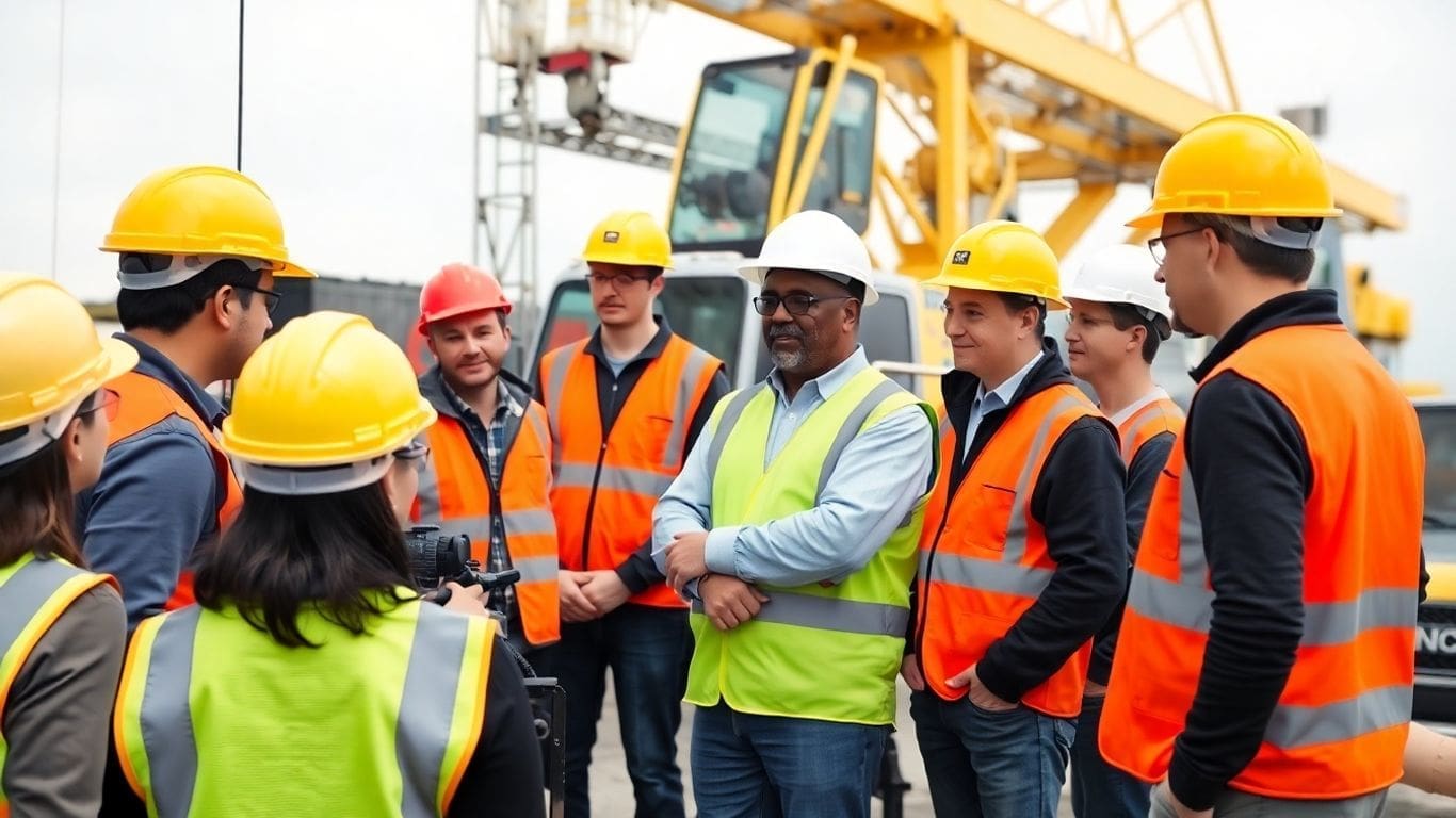 Group of construction workers in hard hats and vests at site
