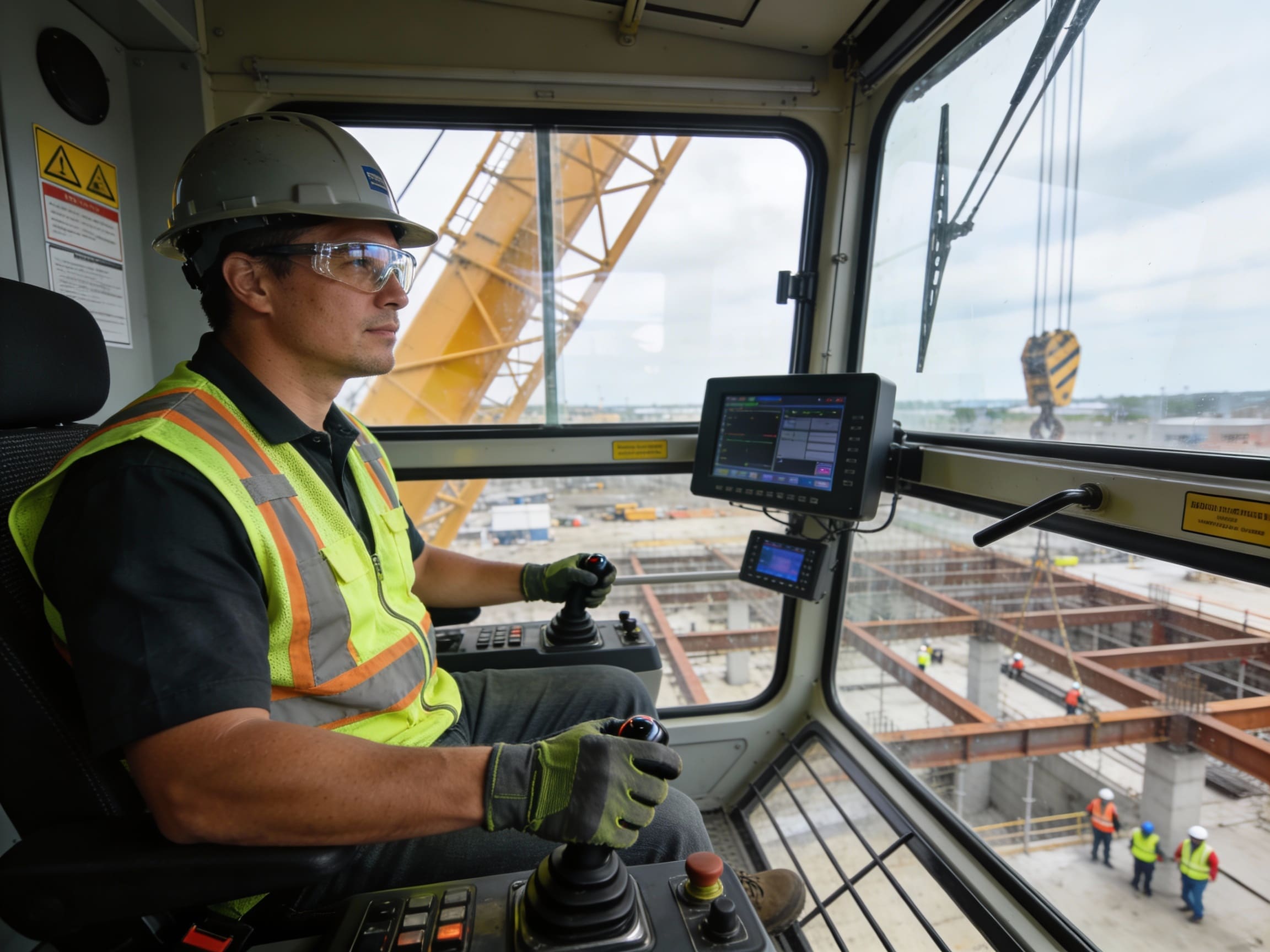 crane operator in safety gear controls crane from cabin