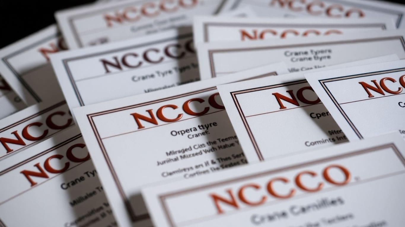stack of NCCCO certification cards with red text