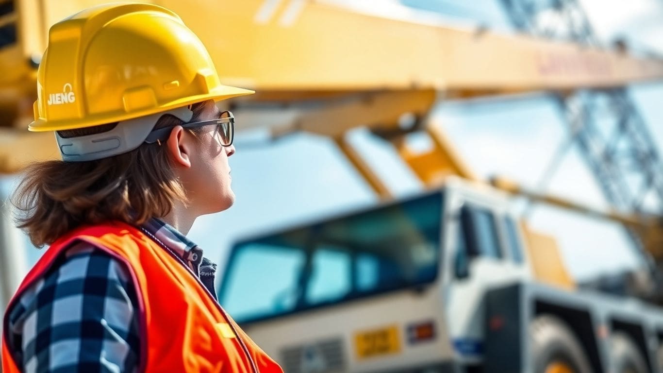 Person in hard hat and vest looking at large yellow crane