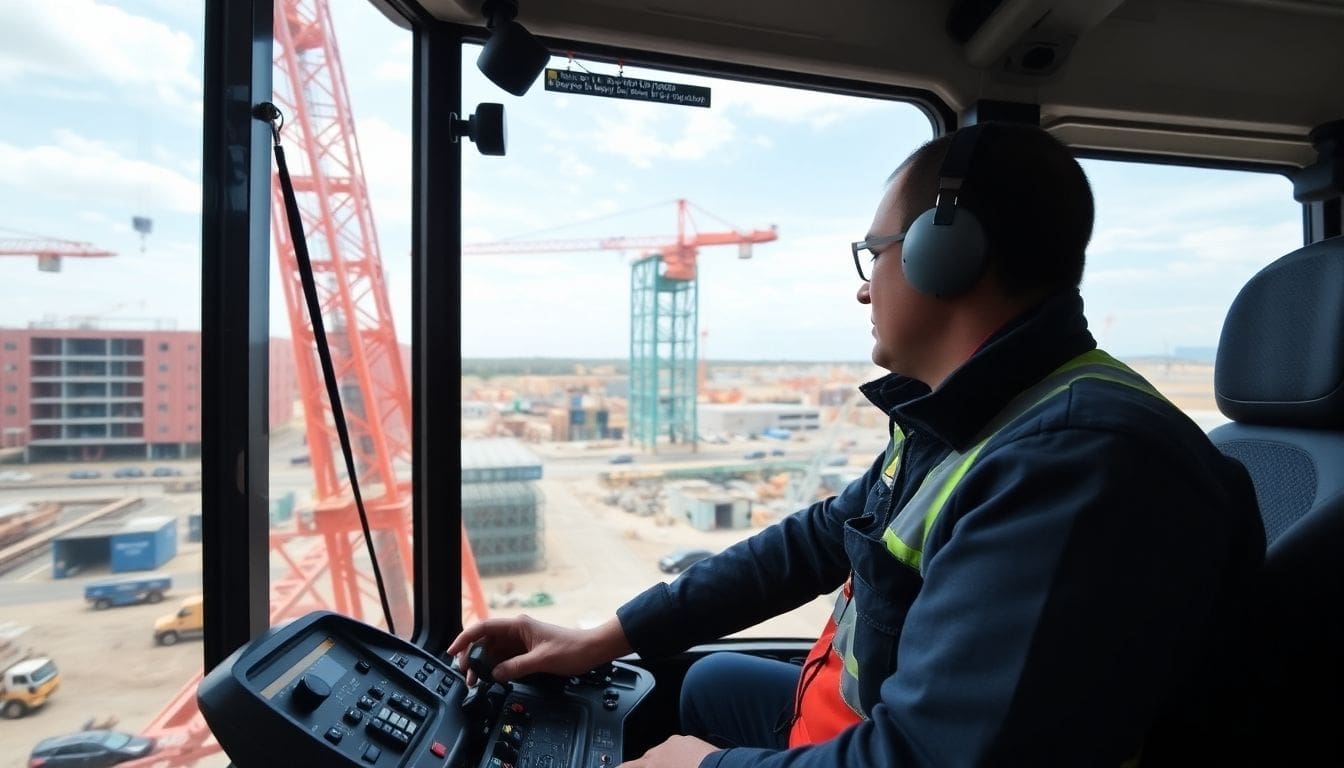 crane operator in cab overlooking construction site