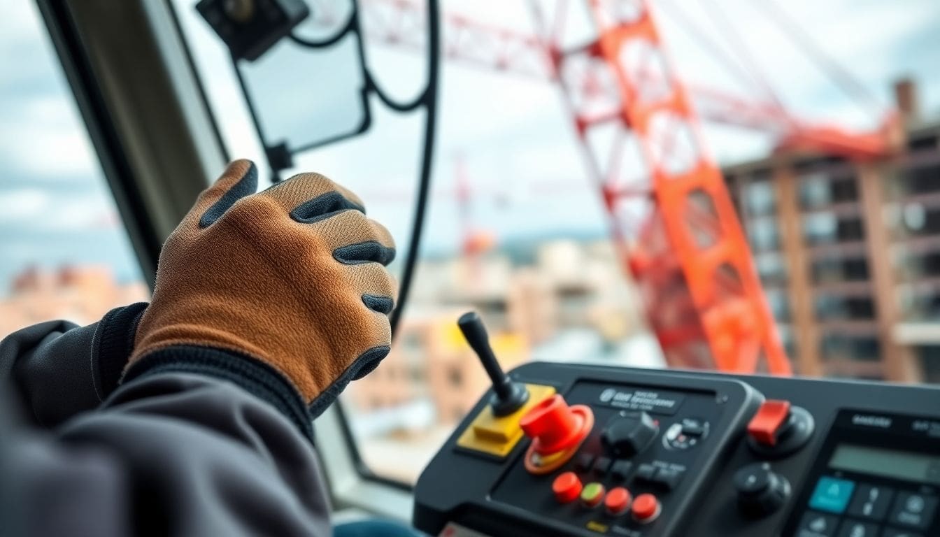 gloved hands operating crane controls at construction site