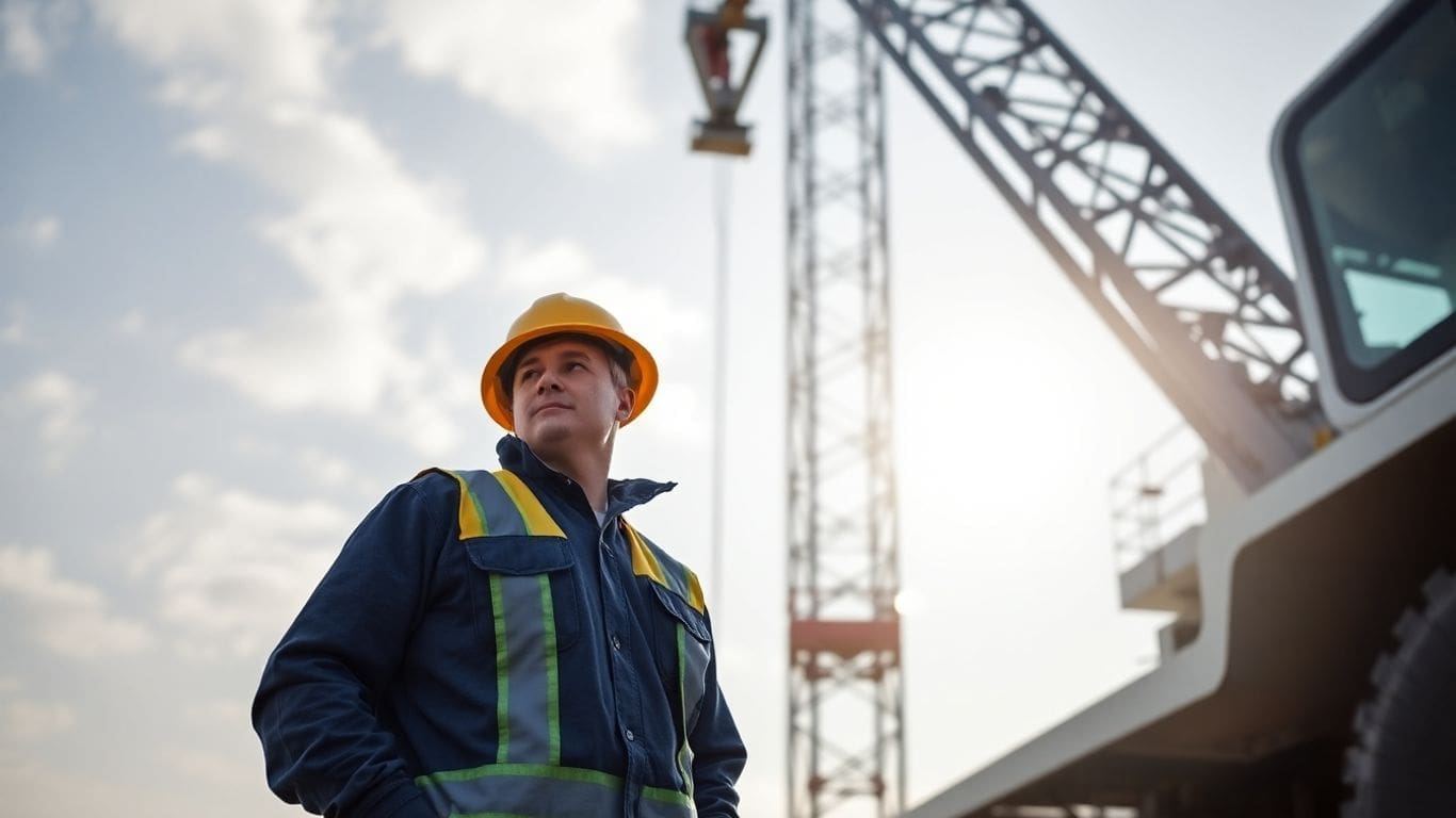Crane operator in safety gear near construction crane