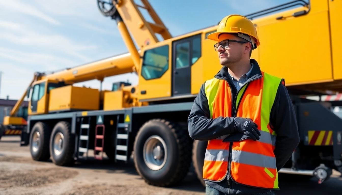Construction worker in safety gear near yellow mobile crane