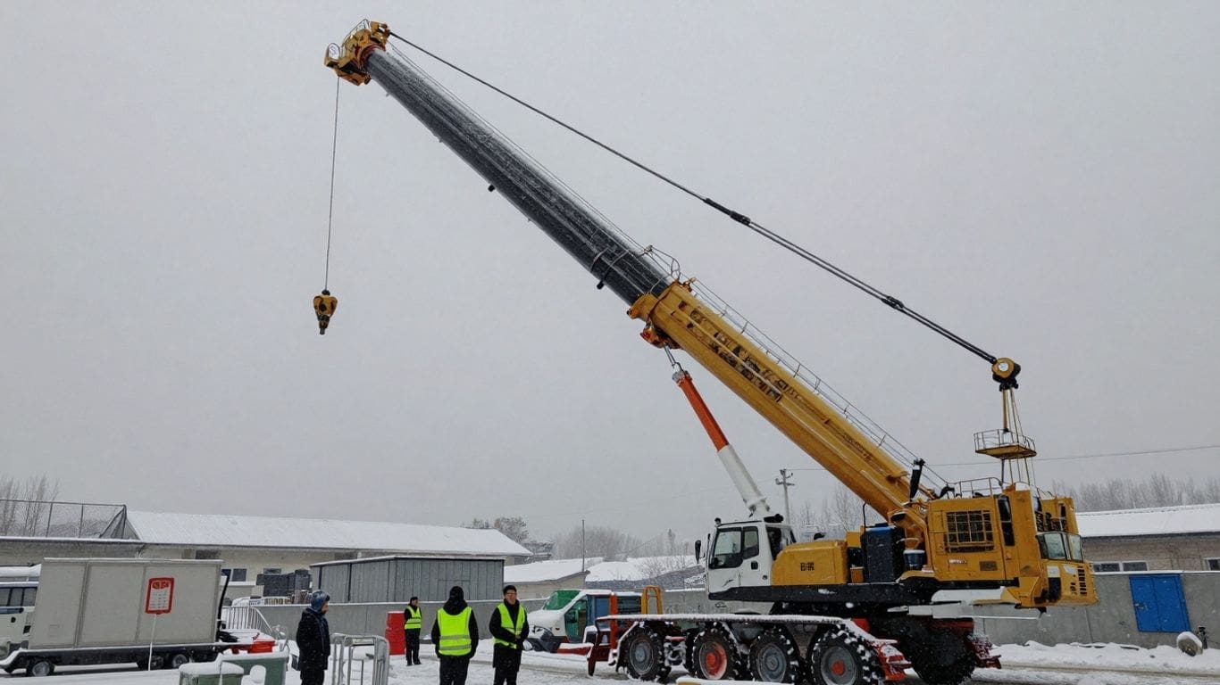 yellow crane operating in snowy construction site