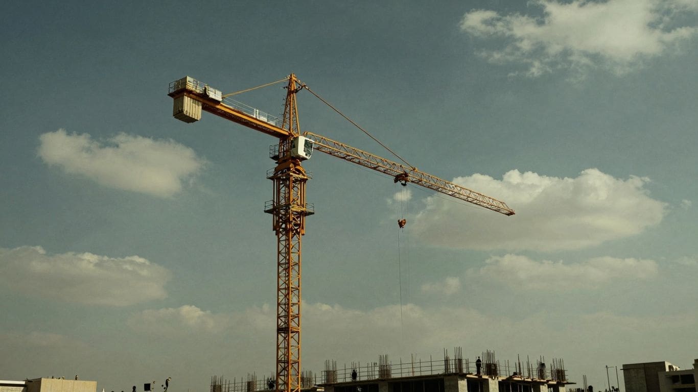 yellow tower crane at construction site under cloudy sky