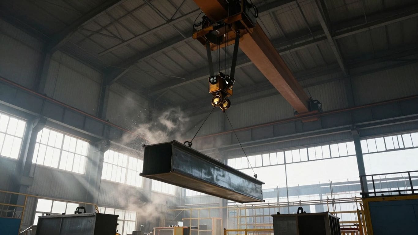 industrial crane lifting metal beam in factory