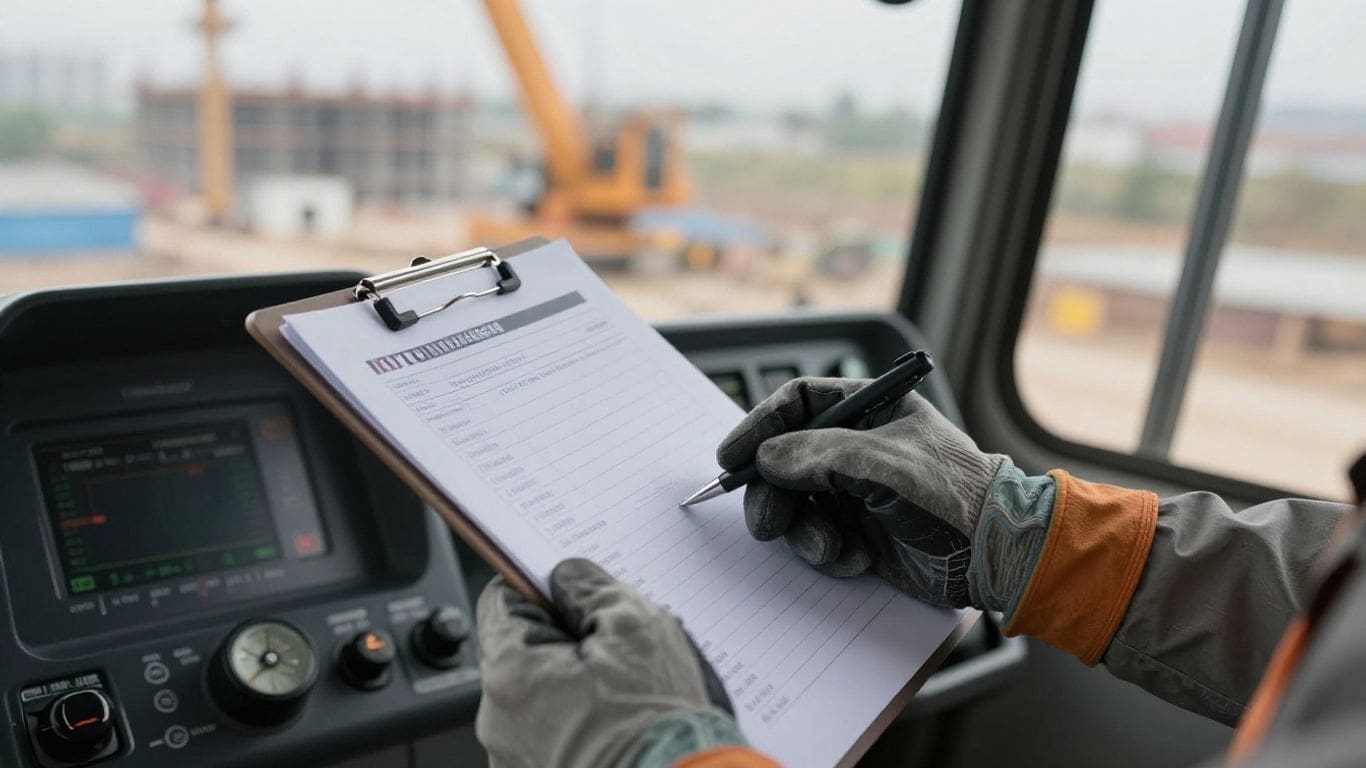 worker in gloves writing on clipboard inside construction vehicle