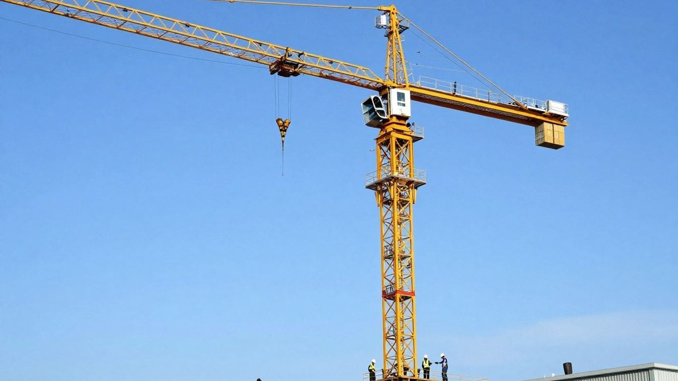 yellow construction crane with workers on rooftop