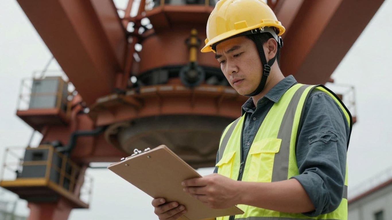 construction worker in yellow vest and helmet holding clipboard