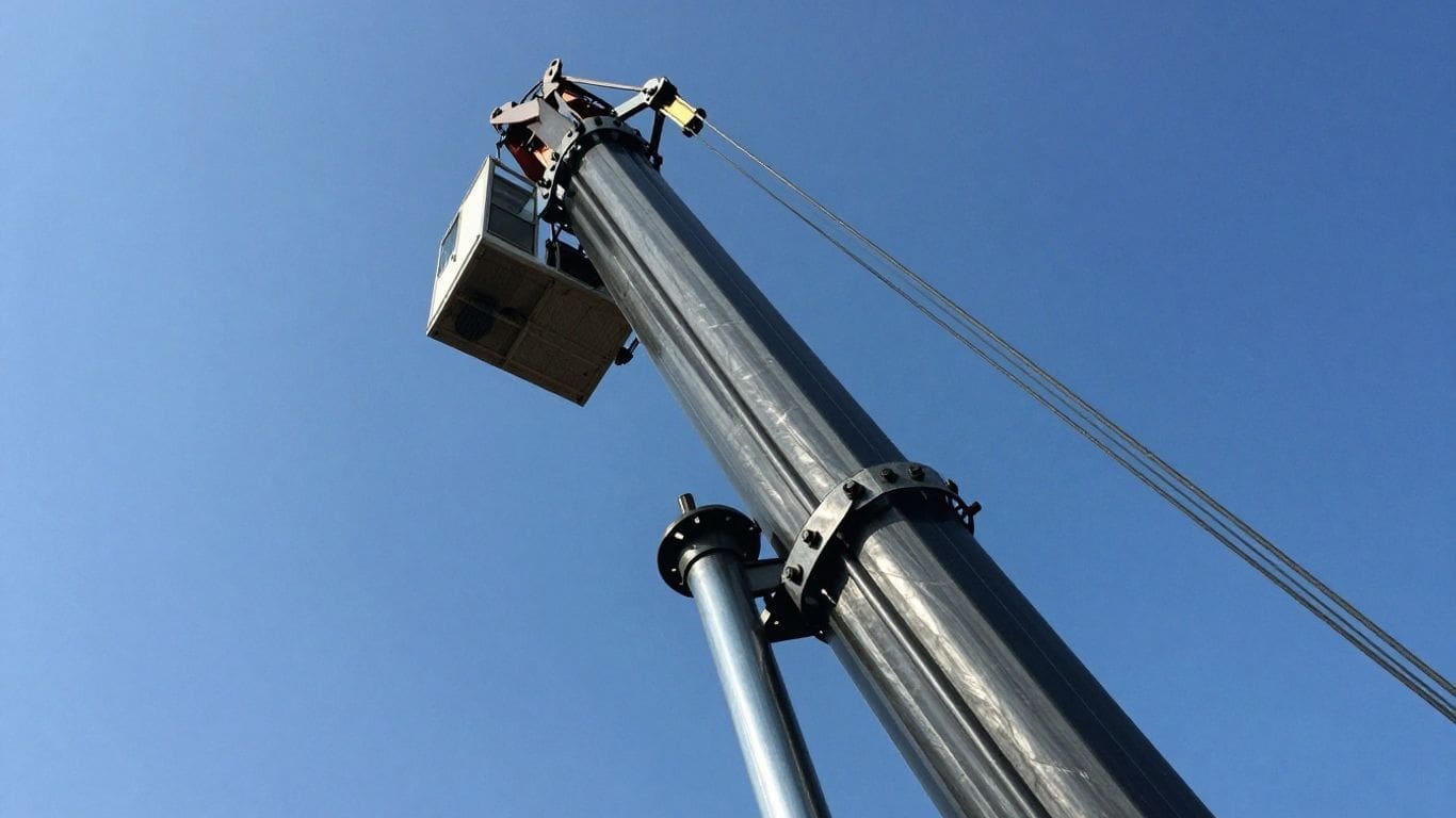 looking up at crane boom against clear blue sky