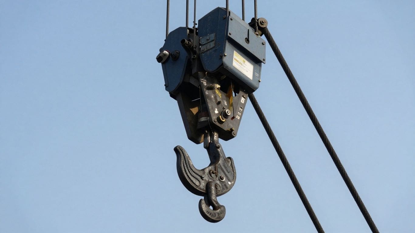 industrial crane hook against clear blue sky