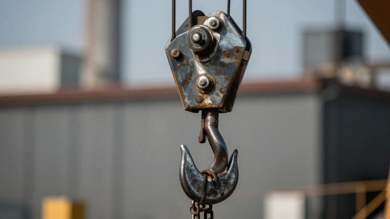 close-up of industrial crane hook with blurred background