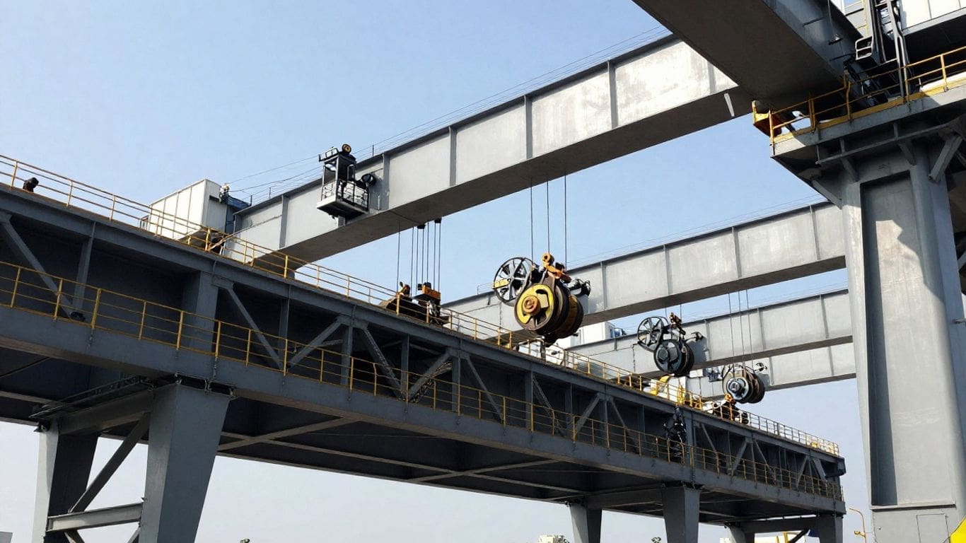 industrial overhead cranes with pulleys against blue sky