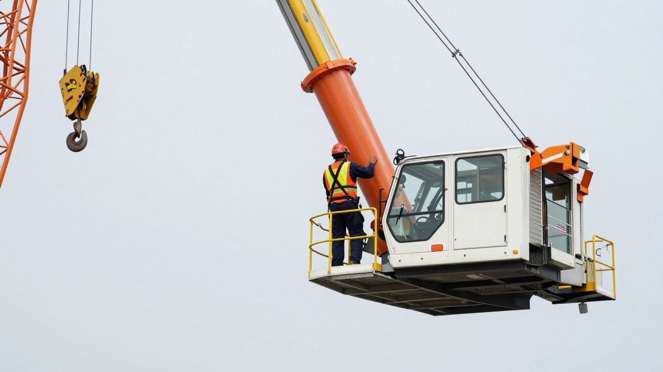 Worker in safety gear on crane platform