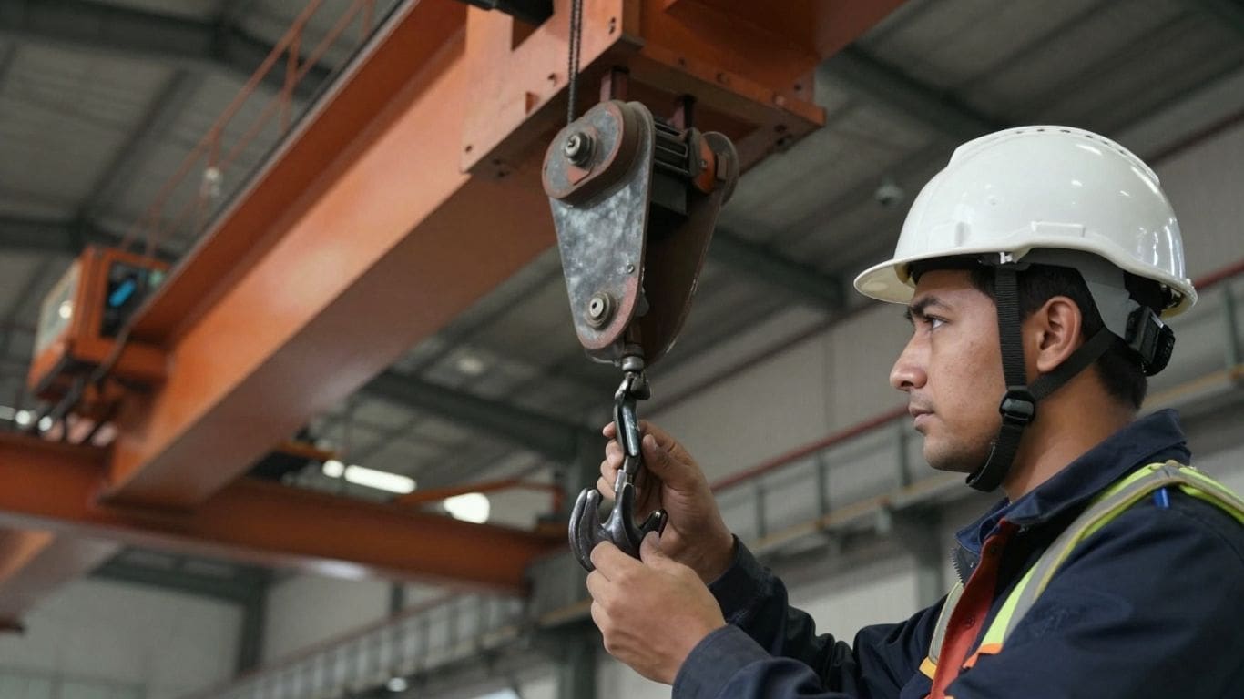 worker in hard hat operating overhead crane