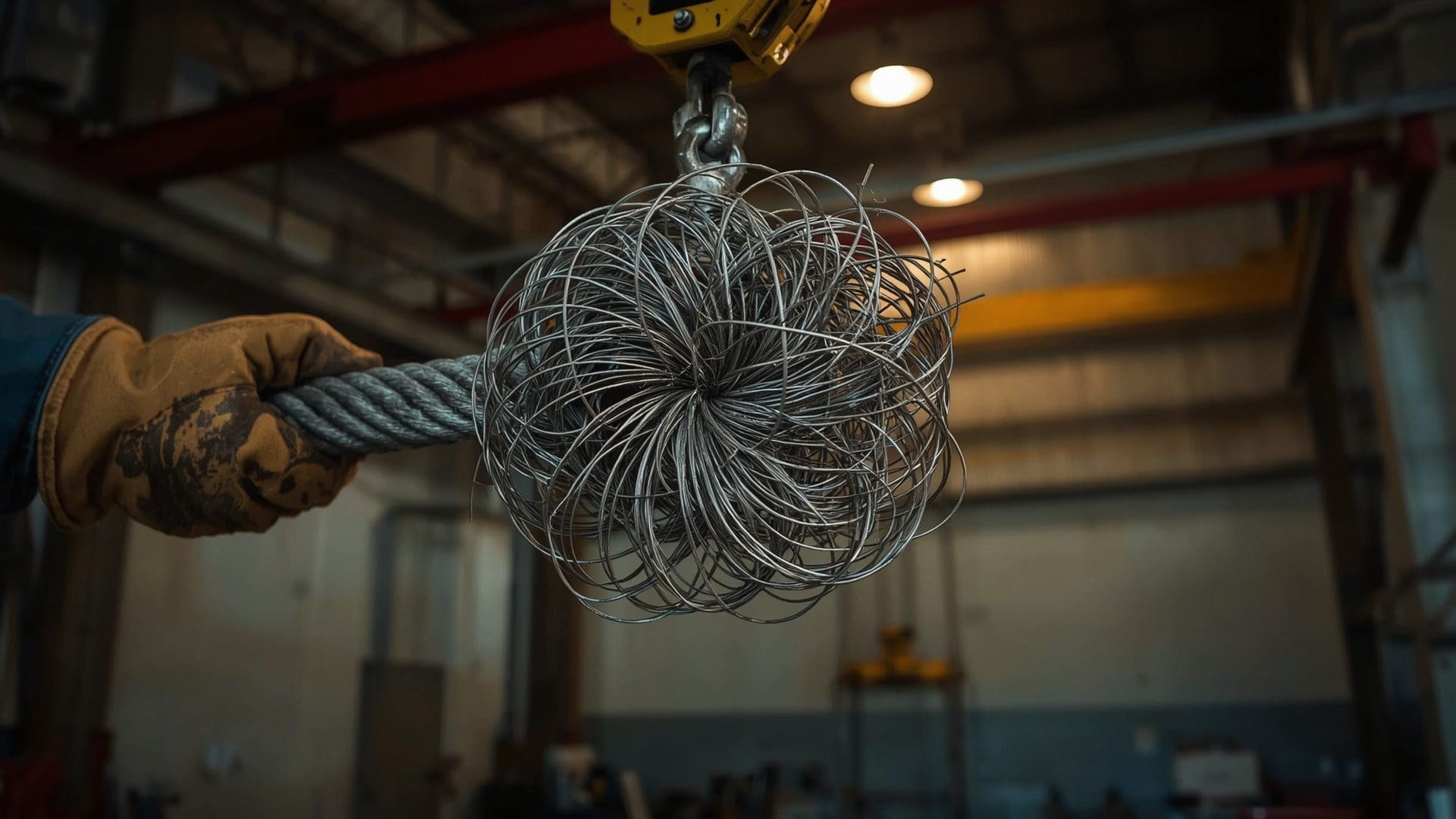 Birdcage deformation in steel wire rope held by gloved hands during inspection