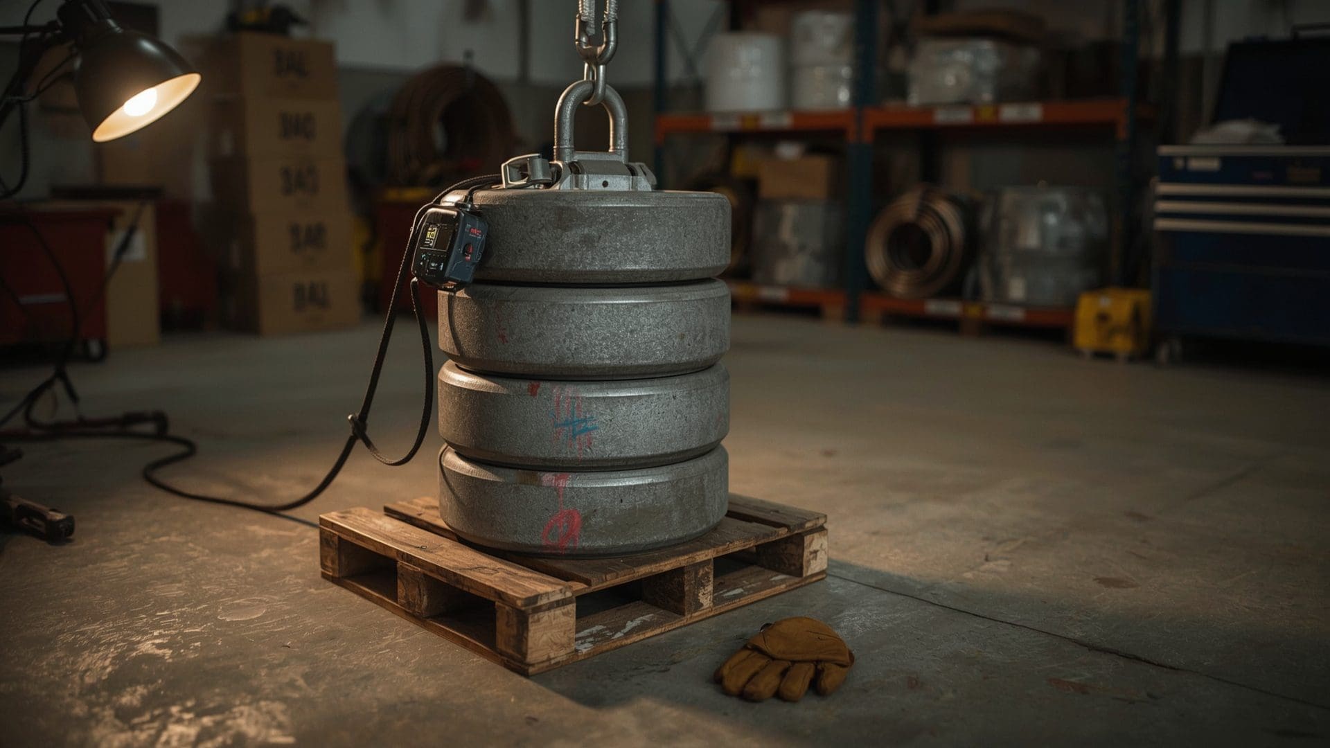 Calibrated cast-iron test weights with load cell rigging used for crane proof load percentage testing