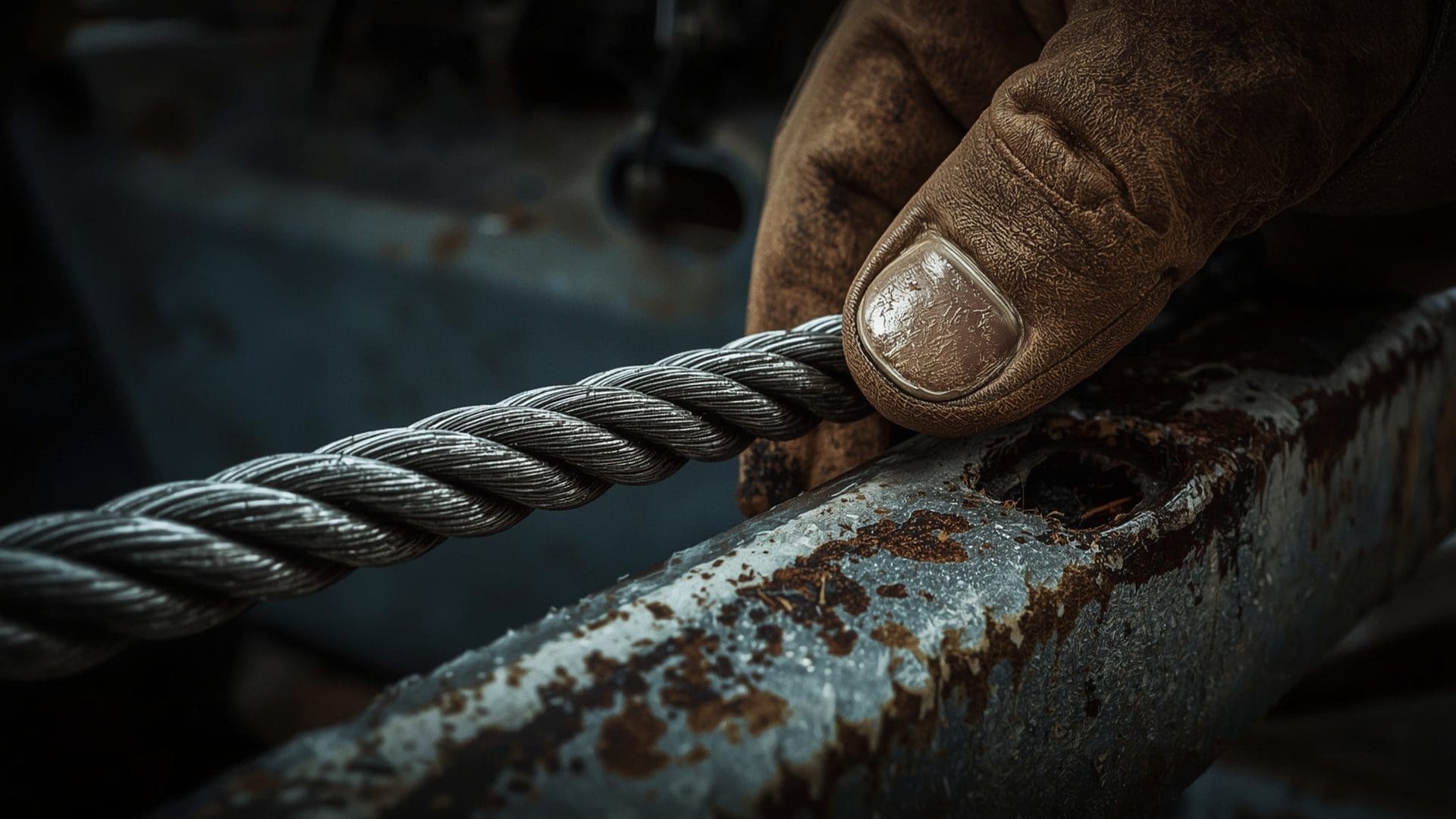 Close-up inspection of crane wire rope on sheave showing wear and strand condition