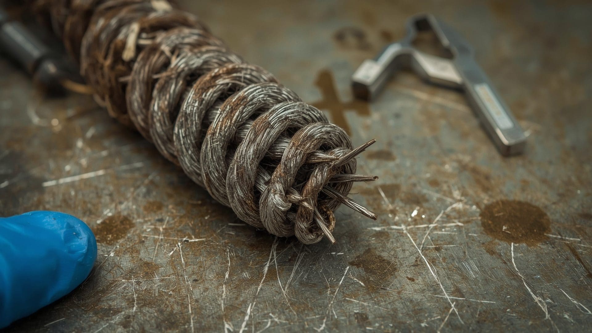 Close-up macro of wire rope showing broken wires and rust during inspection