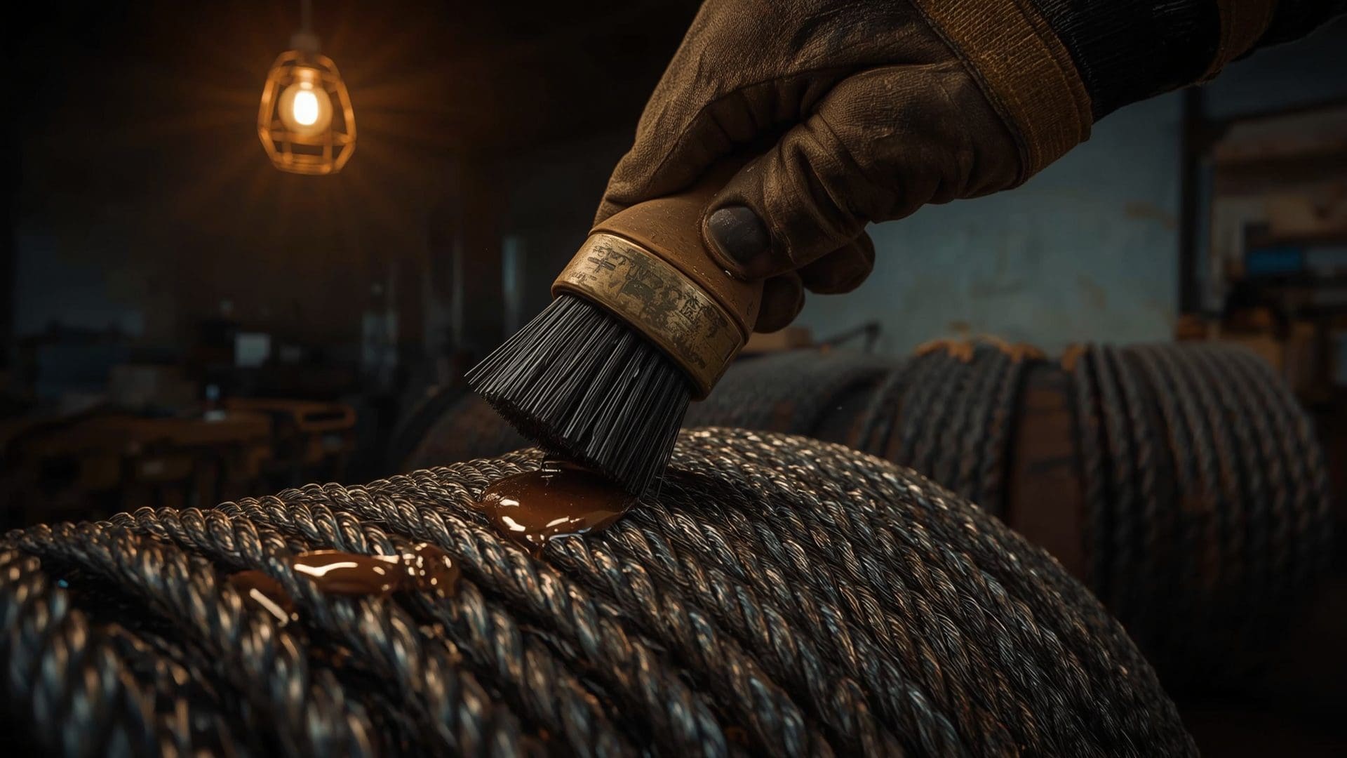 Close-up of wire rope lubrication application during overhead crane preventive maintenance