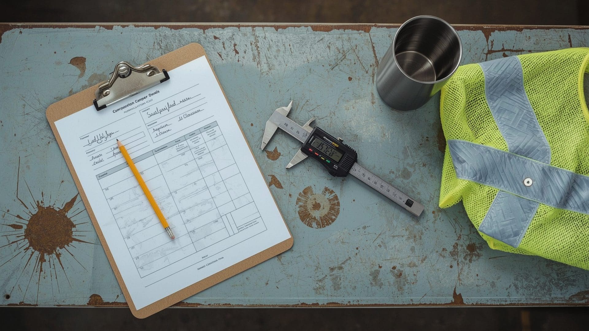 Completed crane load test documentation forms with inspection tools on industrial workbench surface