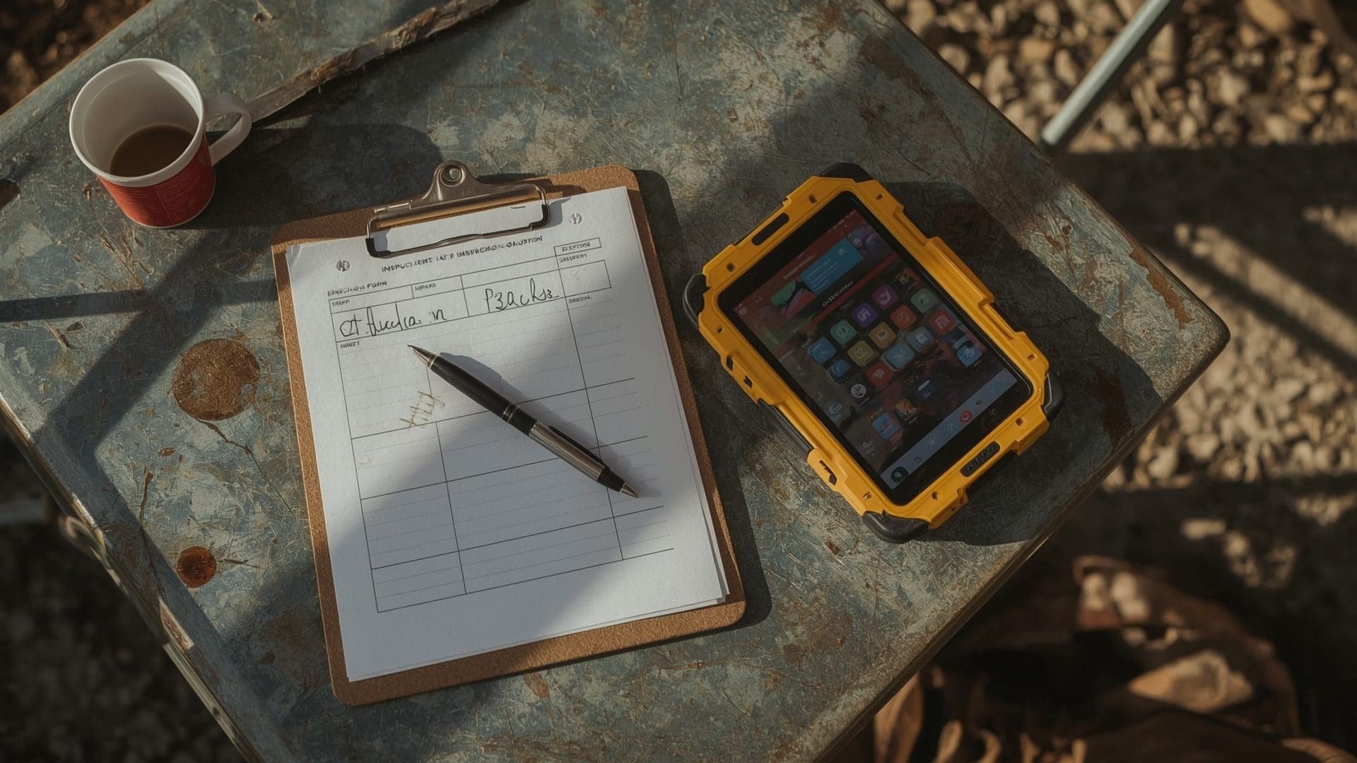 Crane inspection documentation on paper form and ruggedized tablet on construction site table