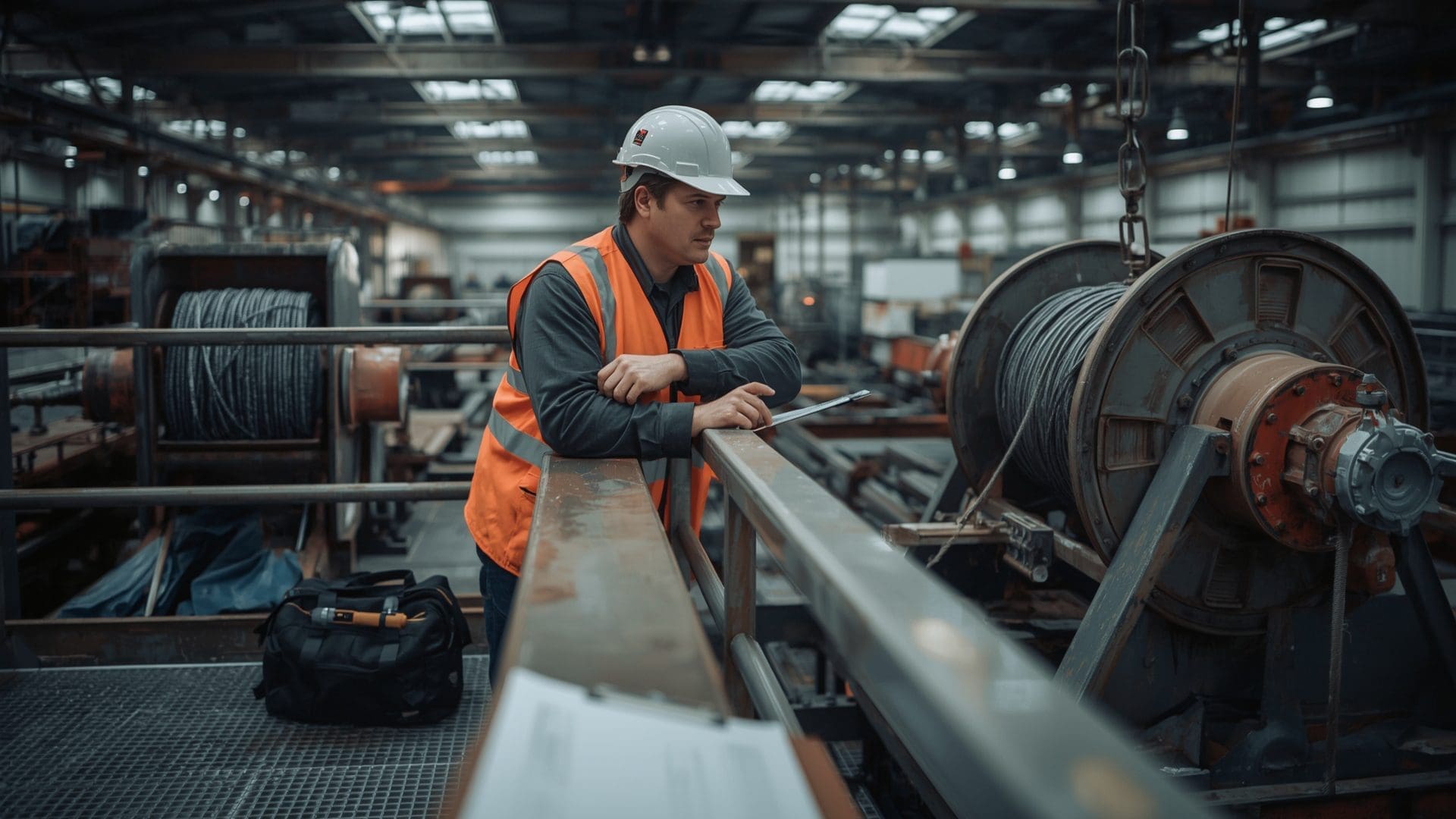 Crane inspector reviewing wire rope condition on hoist drum during pre-load test preparation checklist