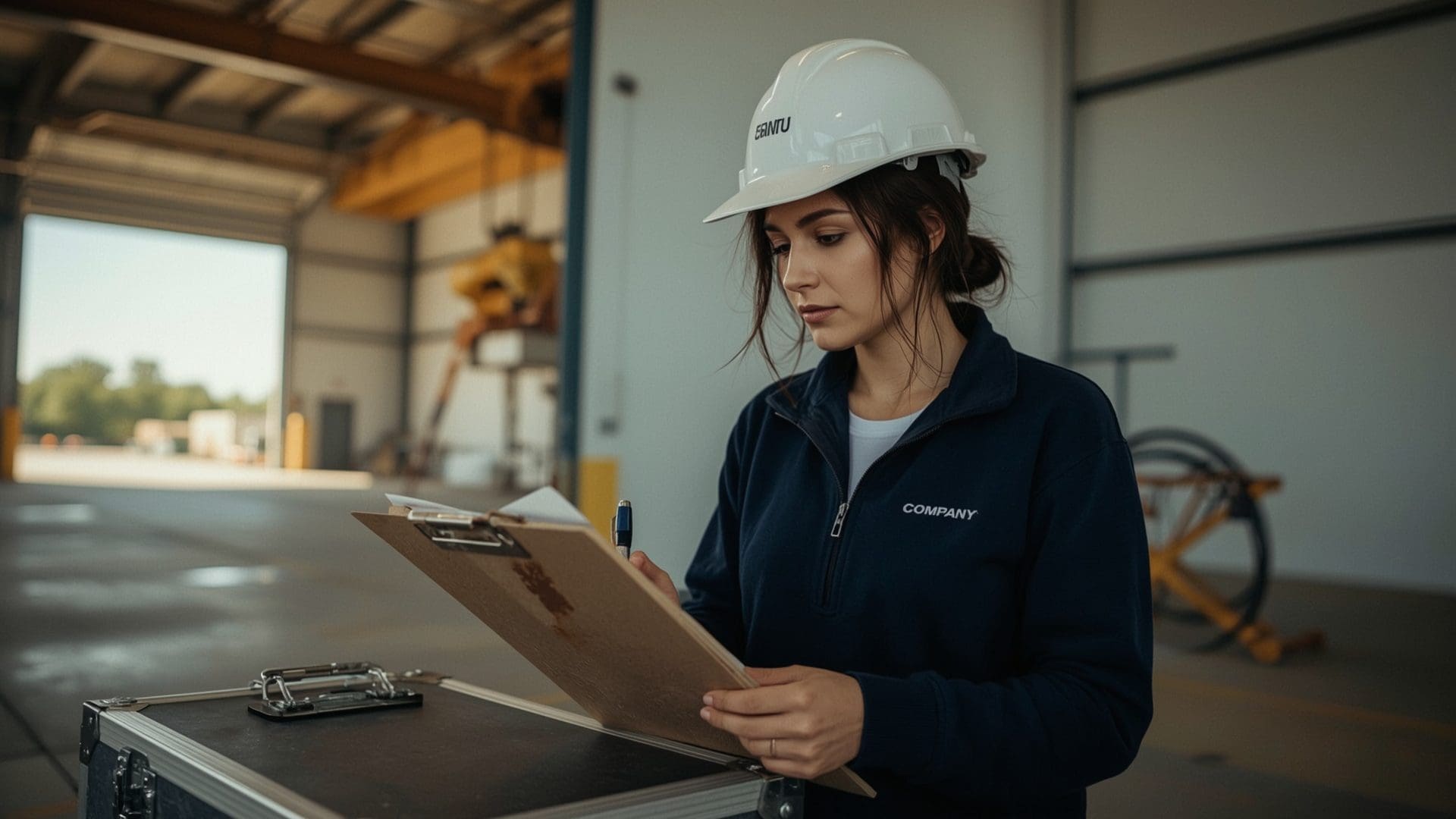 Female crane inspector completing preventive maintenance documentation on clipboard in warehouse