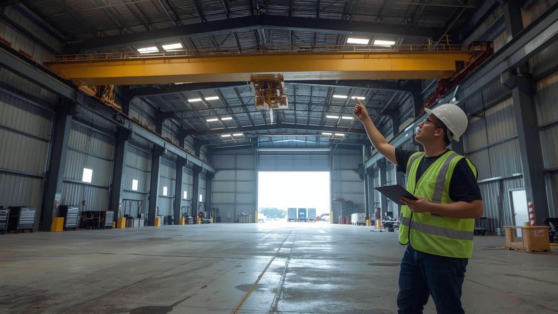 Inspector in hard hat pointing at overhead crane in warehouse