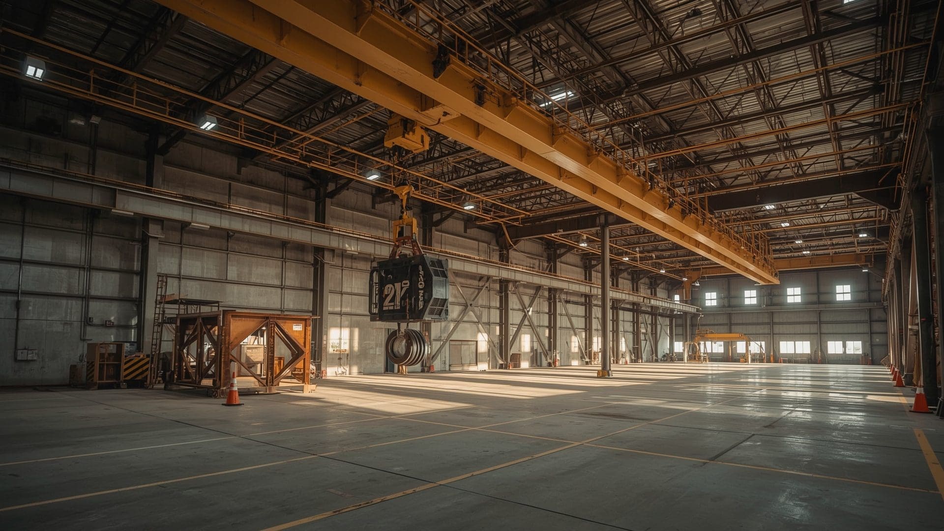 Overhead bridge crane suspending calibrated test weight block during formal load test procedure