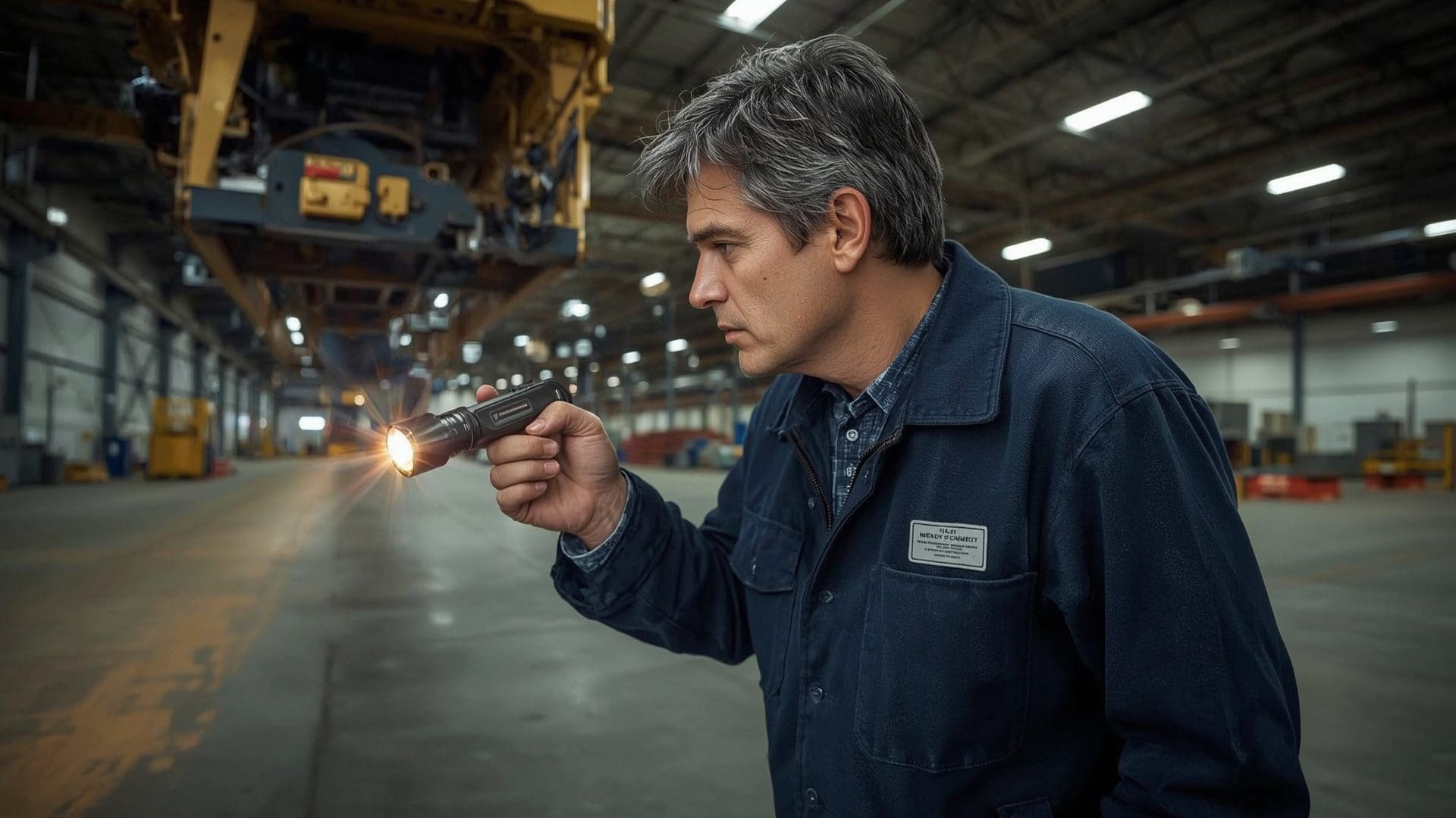 Qualified crane inspector examining overhead crane wheel assembly in industrial facility