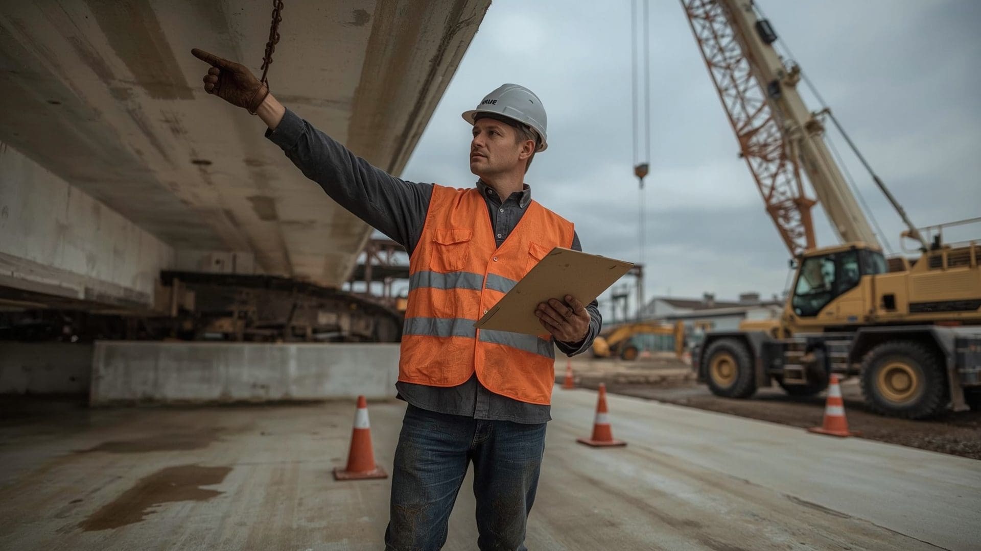 Safety inspector examining mobile construction crane components during OSHA shift inspection