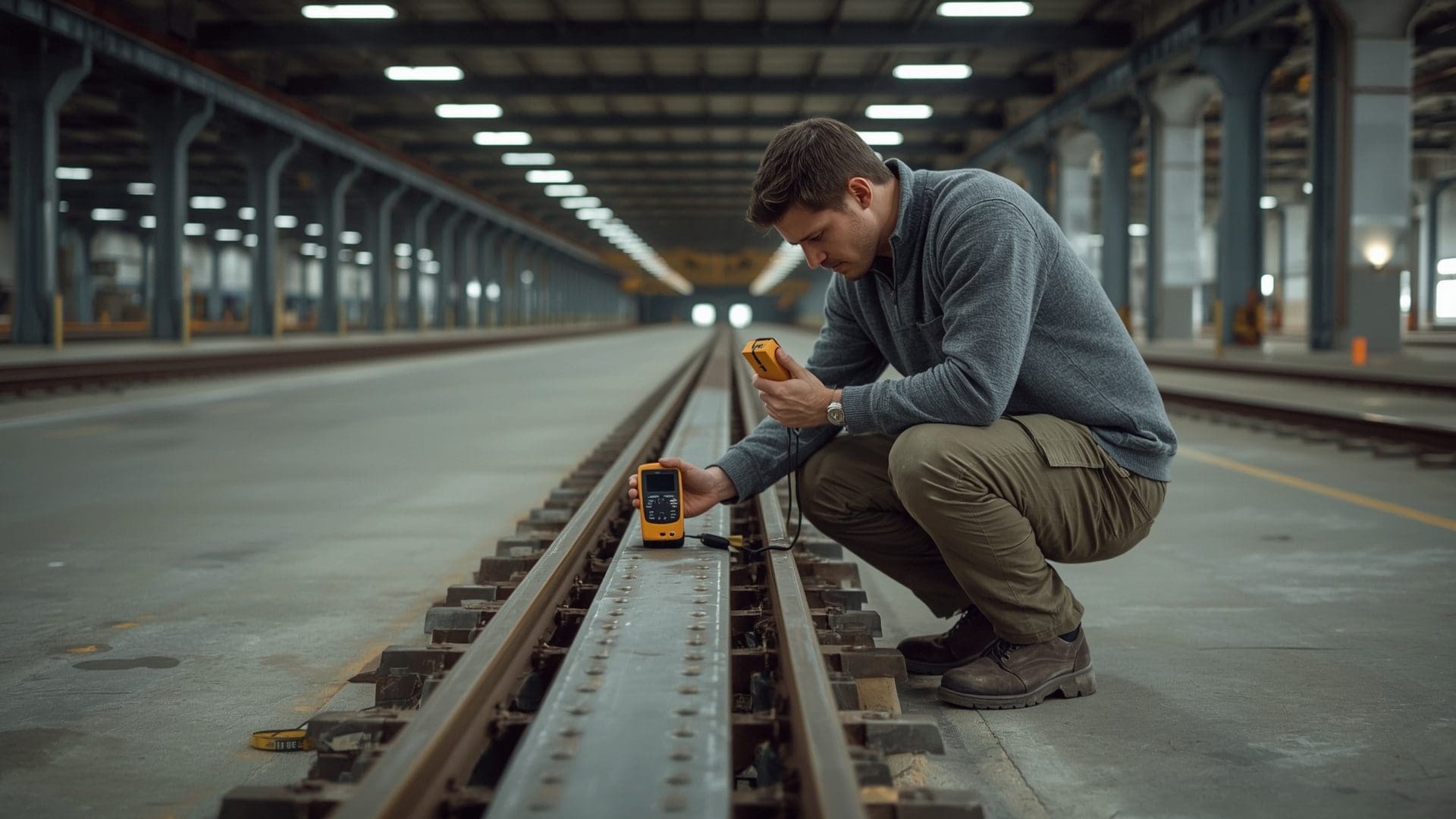 Technician measuring overhead crane runway rail alignment with digital inclinometer tool