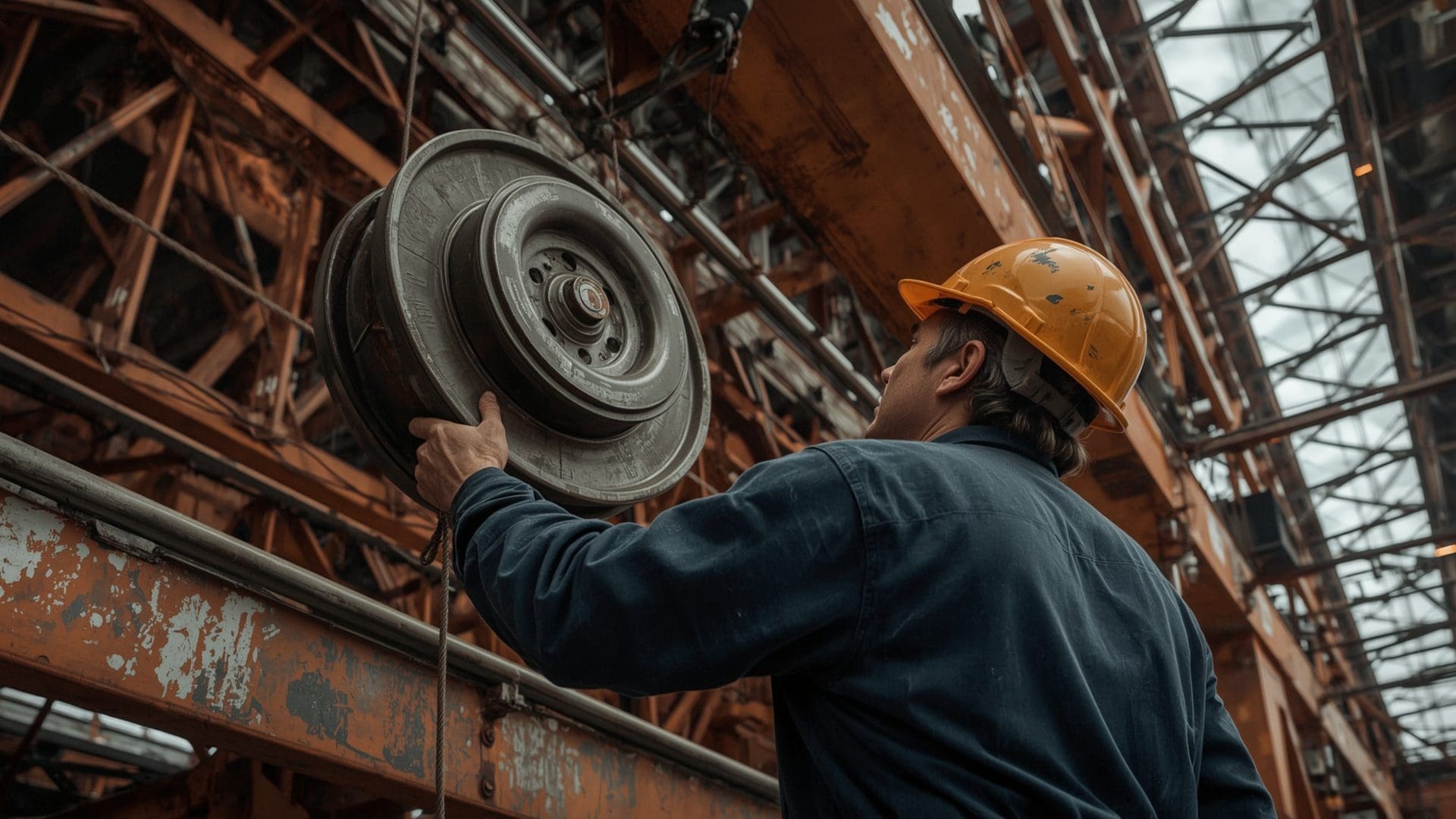 Worker inspecting wire rope sheave groove on crane boom in industrial setting