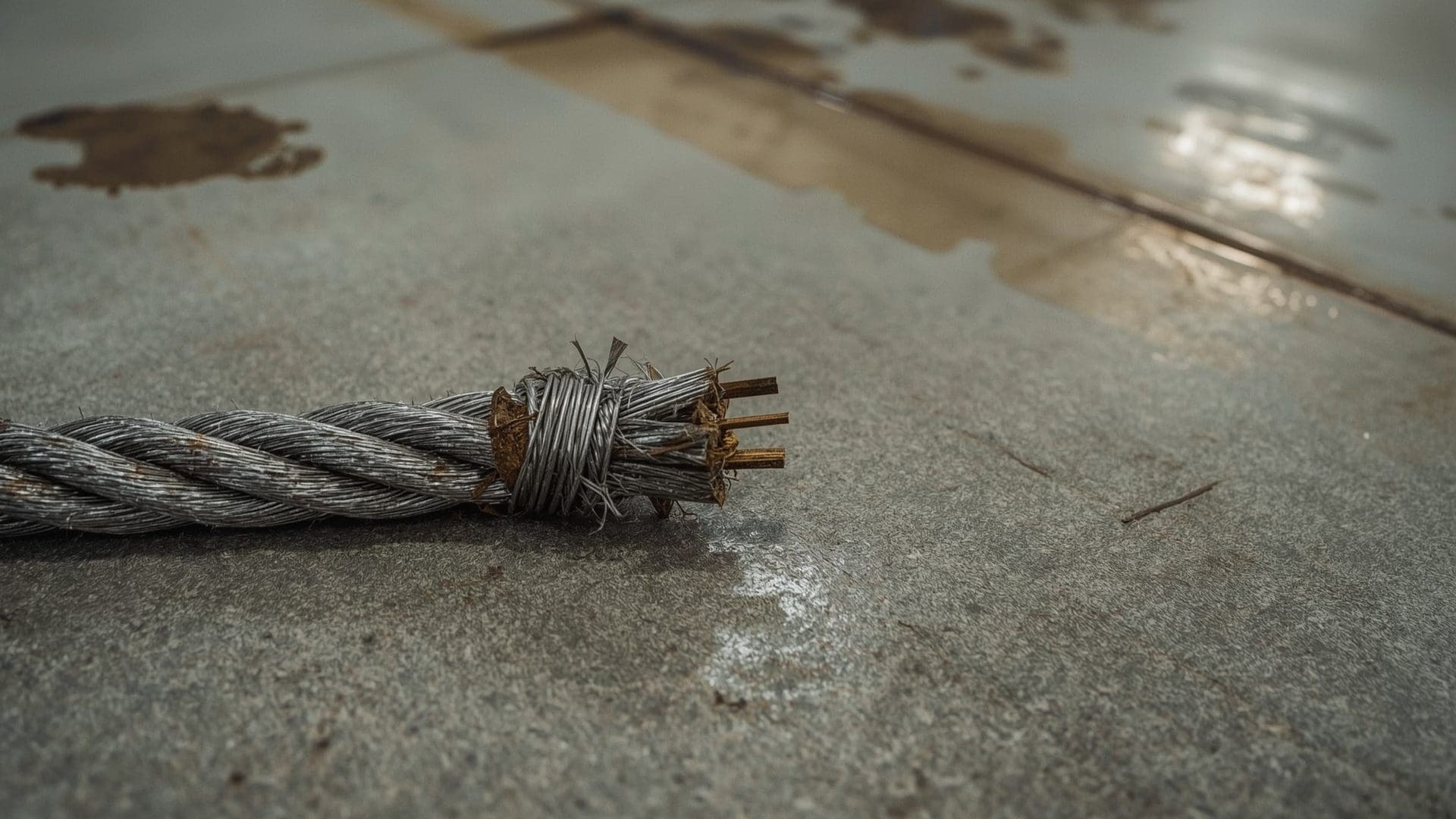 Close-up macro inspection of wire rope showing multiple broken fractured outer wires